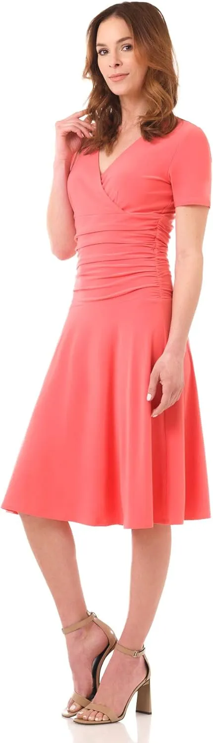 Rekucci Women's Slimming Short Sleeve Fit-N-Flare Crossover Tummy Control Dress