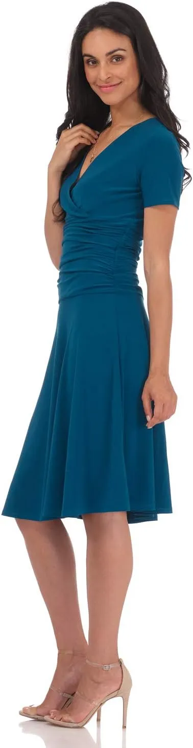 Rekucci Women's Slimming Short Sleeve Fit-N-Flare Crossover Tummy Control Dress