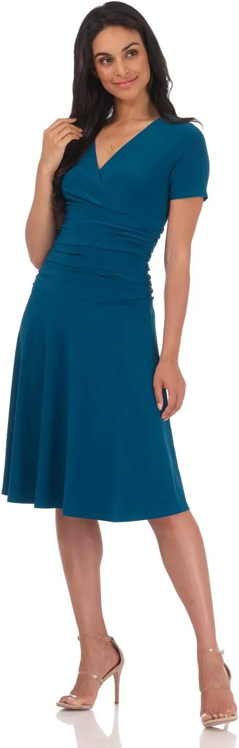 Rekucci Women's Slimming Short Sleeve Fit-N-Flare Crossover Tummy Control Dress