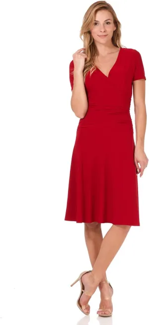 Rekucci Women's Slimming Short Sleeve Fit-N-Flare Crossover Tummy Control Dress