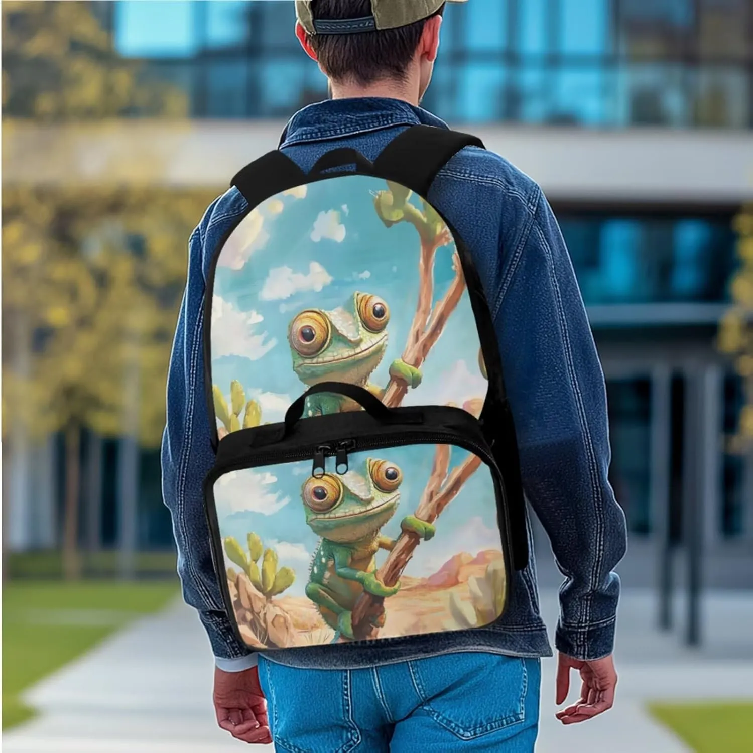 Rnyleeg Lizard Backpack for Boys with Lunchbag 3pcs Boys Backpack 6-8 Large Capacity 17 inch Bookbag Set for Elementary School Casual Rucksack Back to School Supplies