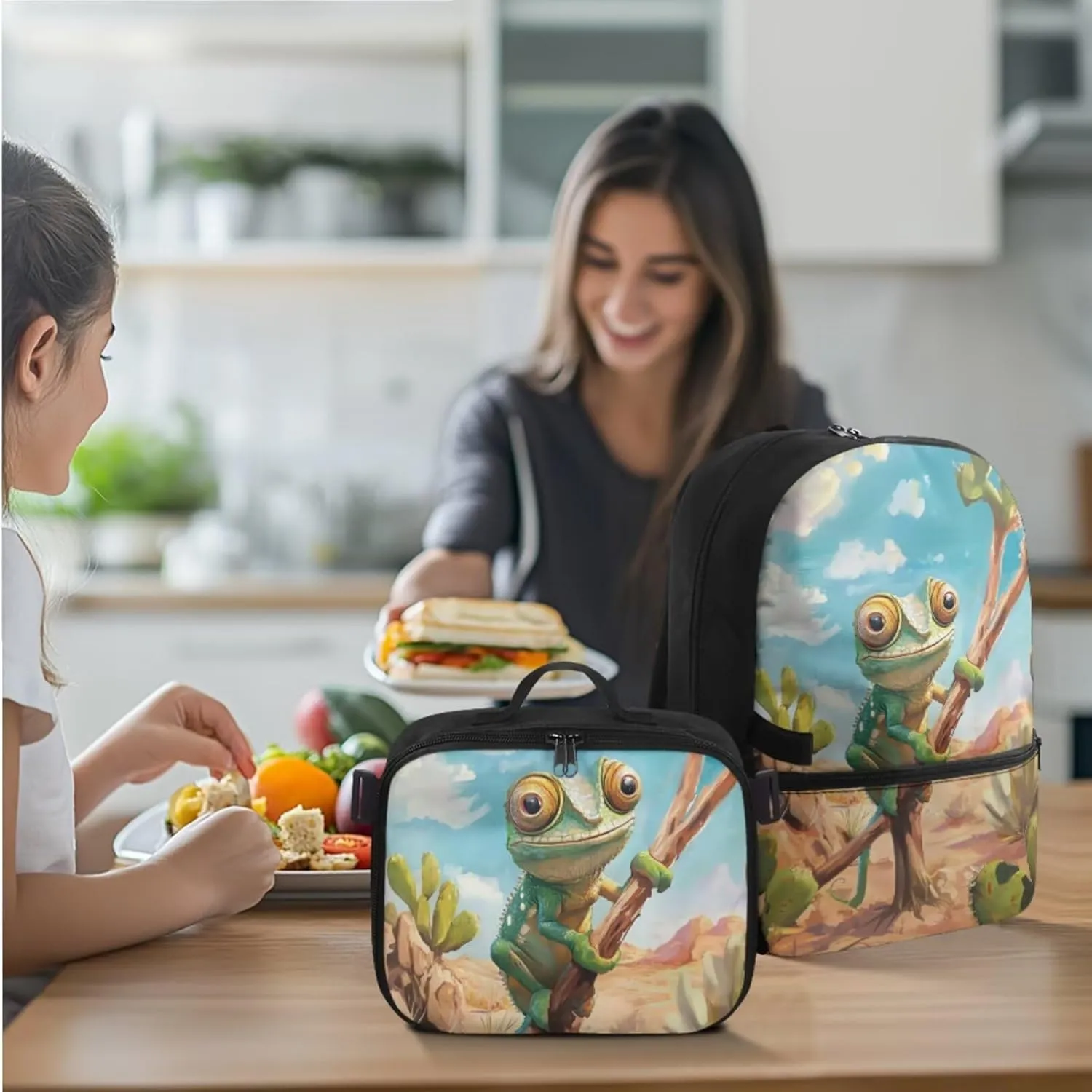 Rnyleeg Lizard Backpack for Boys with Lunchbag 3pcs Boys Backpack 6-8 Large Capacity 17 inch Bookbag Set for Elementary School Casual Rucksack Back to School Supplies