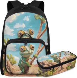 Rnyleeg Lizard Backpack for Boys with Lunchbag 3pcs Boys Backpack 6-8 Large Capacity 17 inch Bookbag Set for Elementary School Casual Rucksack Back to School Supplies