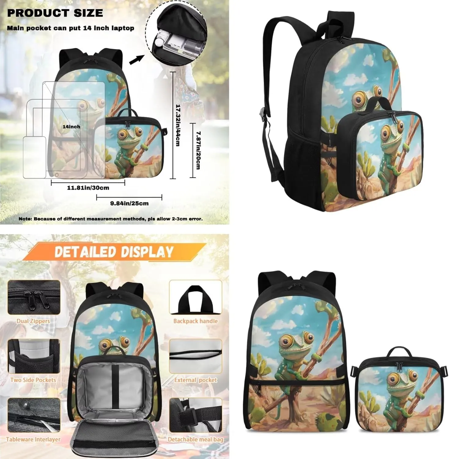 Rnyleeg Lizard Backpack for Boys with Lunchbag 3pcs Boys Backpack 6-8 Large Capacity 17 inch Bookbag Set for Elementary School Casual Rucksack Back to School Supplies