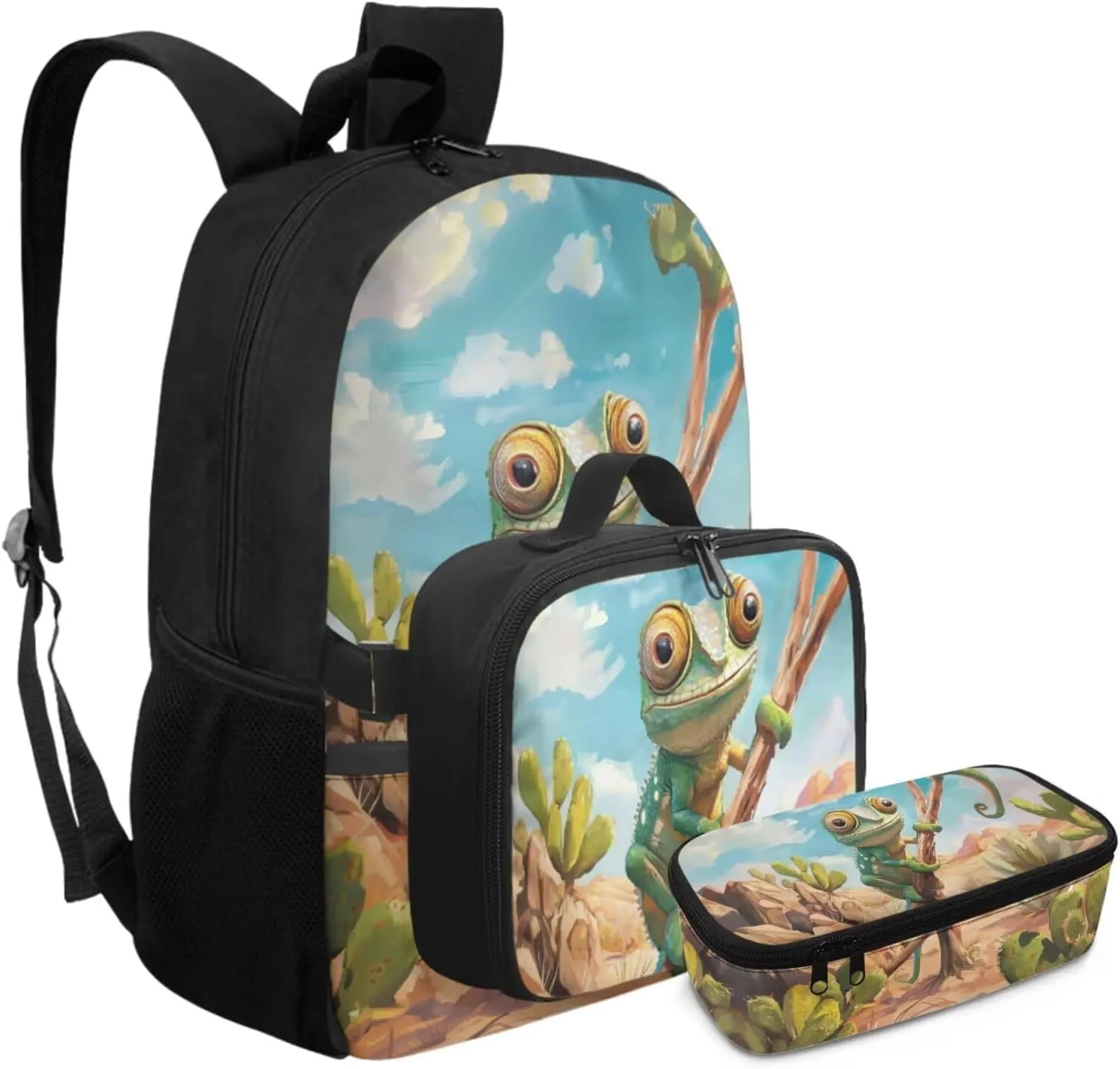 Rnyleeg Lizard Backpack for Boys with Lunchbag 3pcs Boys Backpack 6-8 Large Capacity 17 inch Bookbag Set for Elementary School Casual Rucksack Back to School Supplies