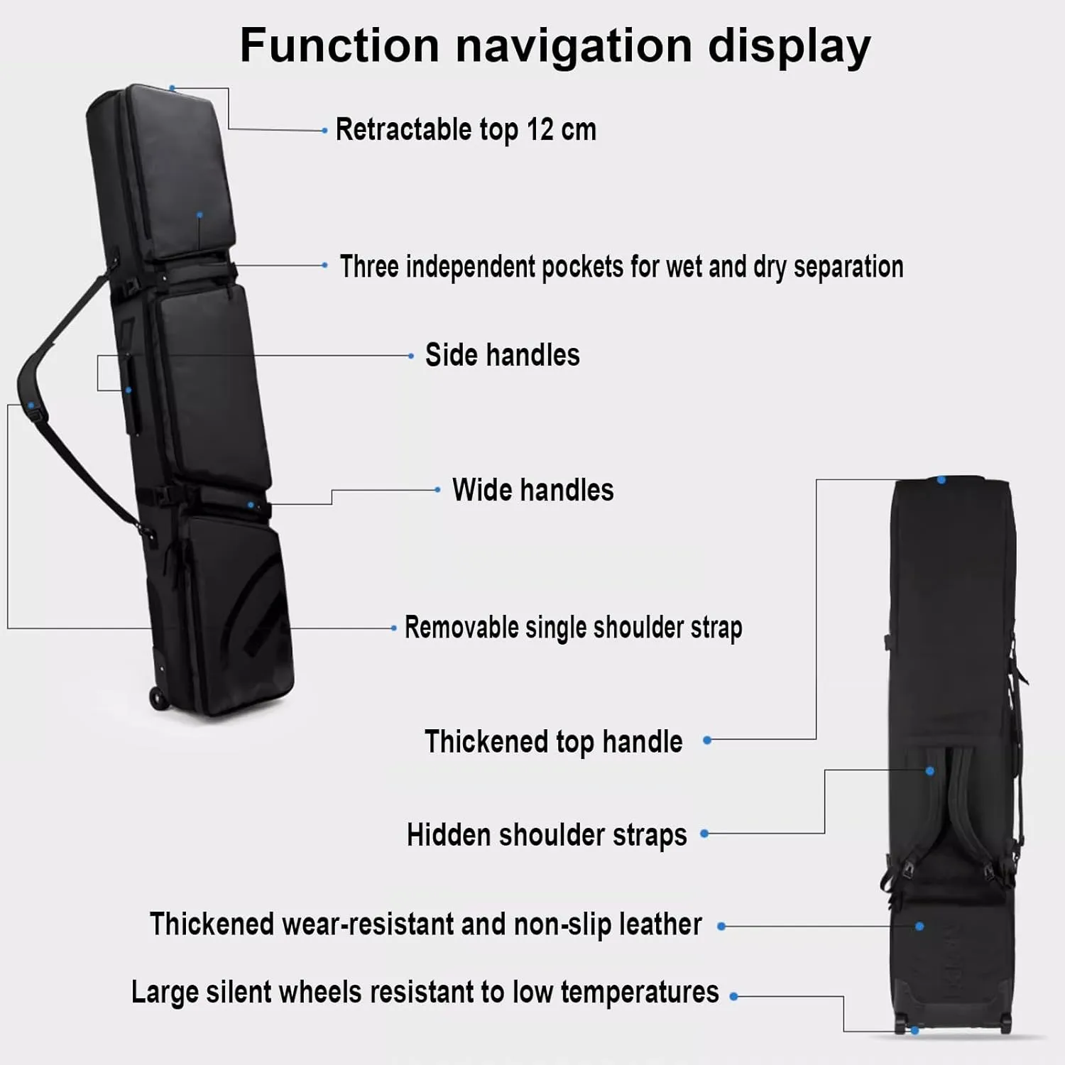 Roller Snowboard Bag with Wheels Foldable Wheeled Ski Bag Fully Padded Snowboard Bag with Wheels Adjustable Length Snow Ski Bags for Air Travel