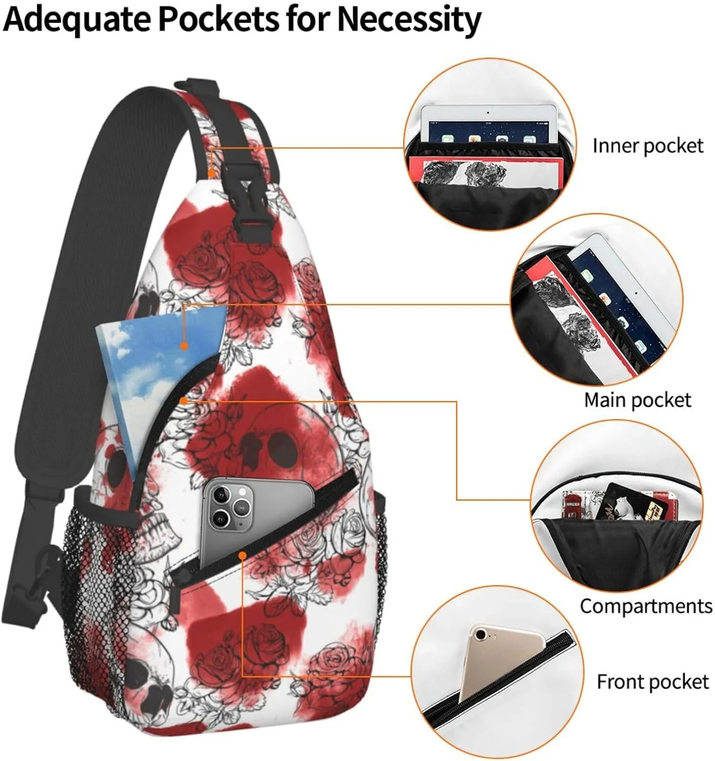 Romantic Roses Skulls Sketch Cross Chest Bag Diagonally Hiking Crossbody Bag Travel Shoulder Daypack Lightweight Sling Backpack Cycling Daypacks Fitness Chest Backpacks