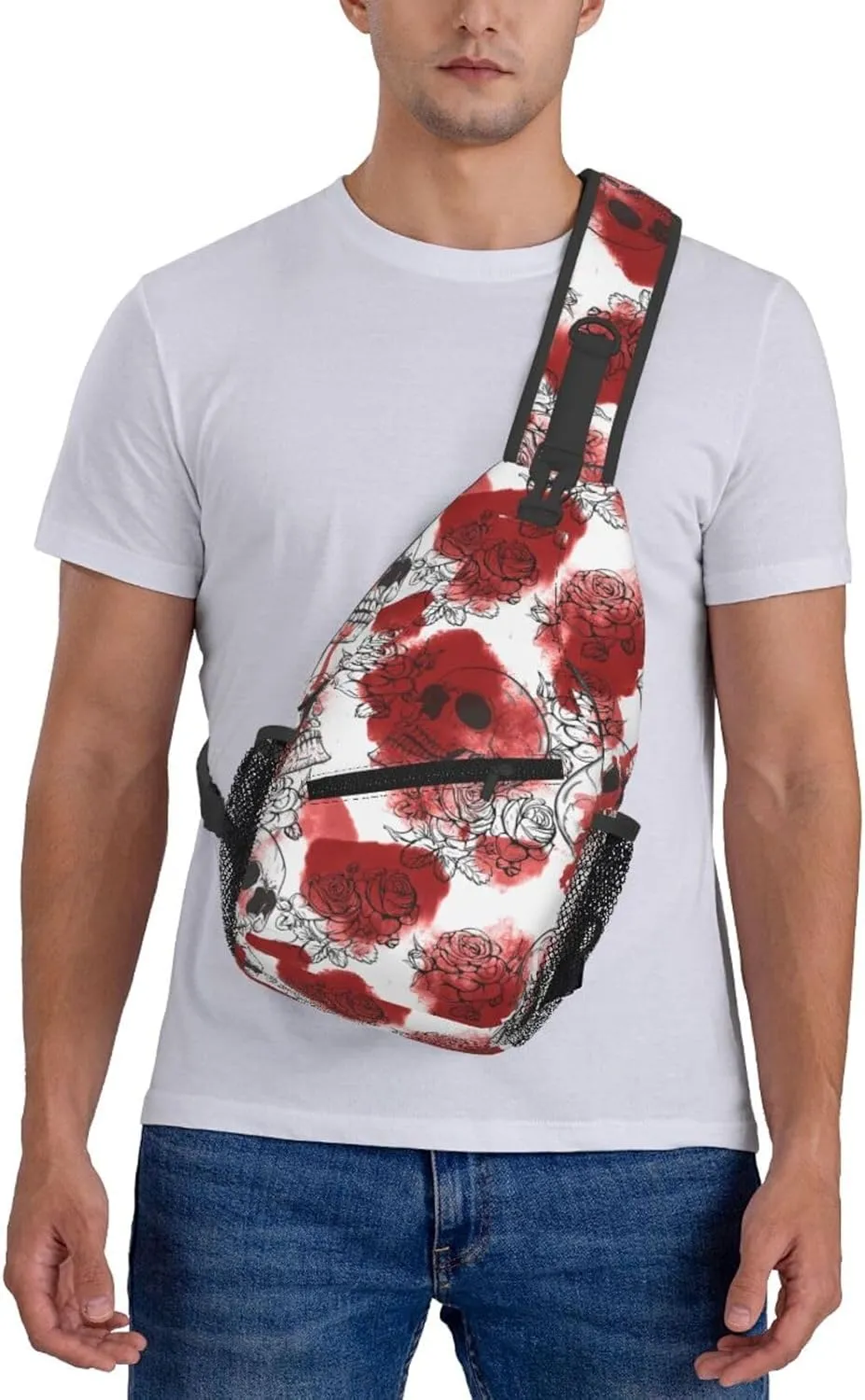 Romantic Roses Skulls Sketch Cross Chest Bag Diagonally Hiking Crossbody Bag Travel Shoulder Daypack Lightweight Sling Backpack Cycling Daypacks Fitness Chest Backpacks