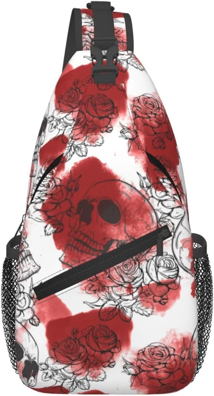 Romantic Roses Skulls Sketch Cross Chest Bag Diagonally Hiking Crossbody Bag Travel Shoulder Daypack Lightweight Sling Backpack Cycling Daypacks Fitness Chest Backpacks