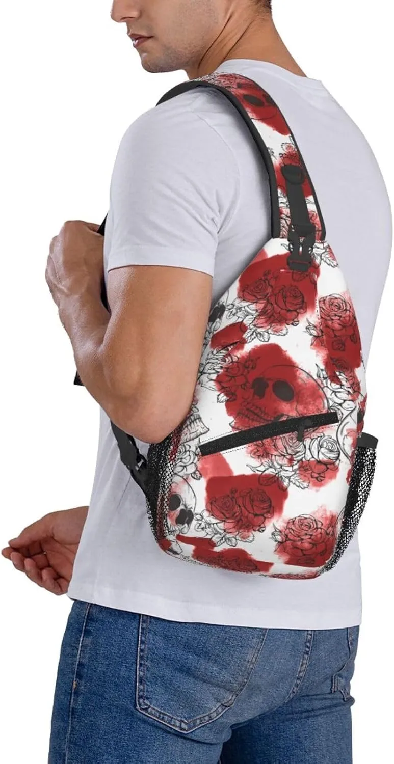 Romantic Roses Skulls Sketch Cross Chest Bag Diagonally Hiking Crossbody Bag Travel Shoulder Daypack Lightweight Sling Backpack Cycling Daypacks Fitness Chest Backpacks