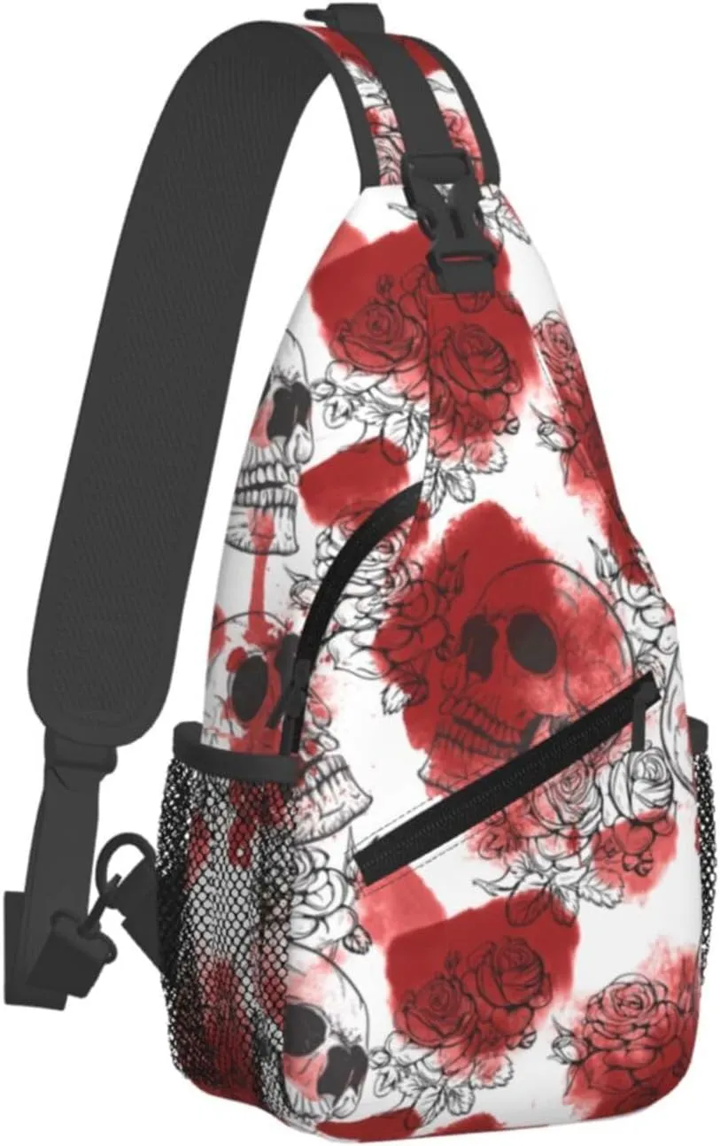 Romantic Roses Skulls Sketch Cross Chest Bag Diagonally Hiking Crossbody Bag Travel Shoulder Daypack Lightweight Sling Backpack Cycling Daypacks Fitness Chest Backpacks
