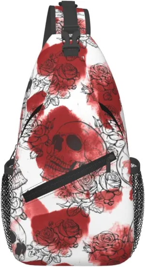 Romantic Roses Skulls Sketch Cross Chest Bag Diagonally Hiking Crossbody Bag Travel Shoulder Daypack Lightweight Sling Backpack Cycling Daypacks Fitness Chest Backpacks