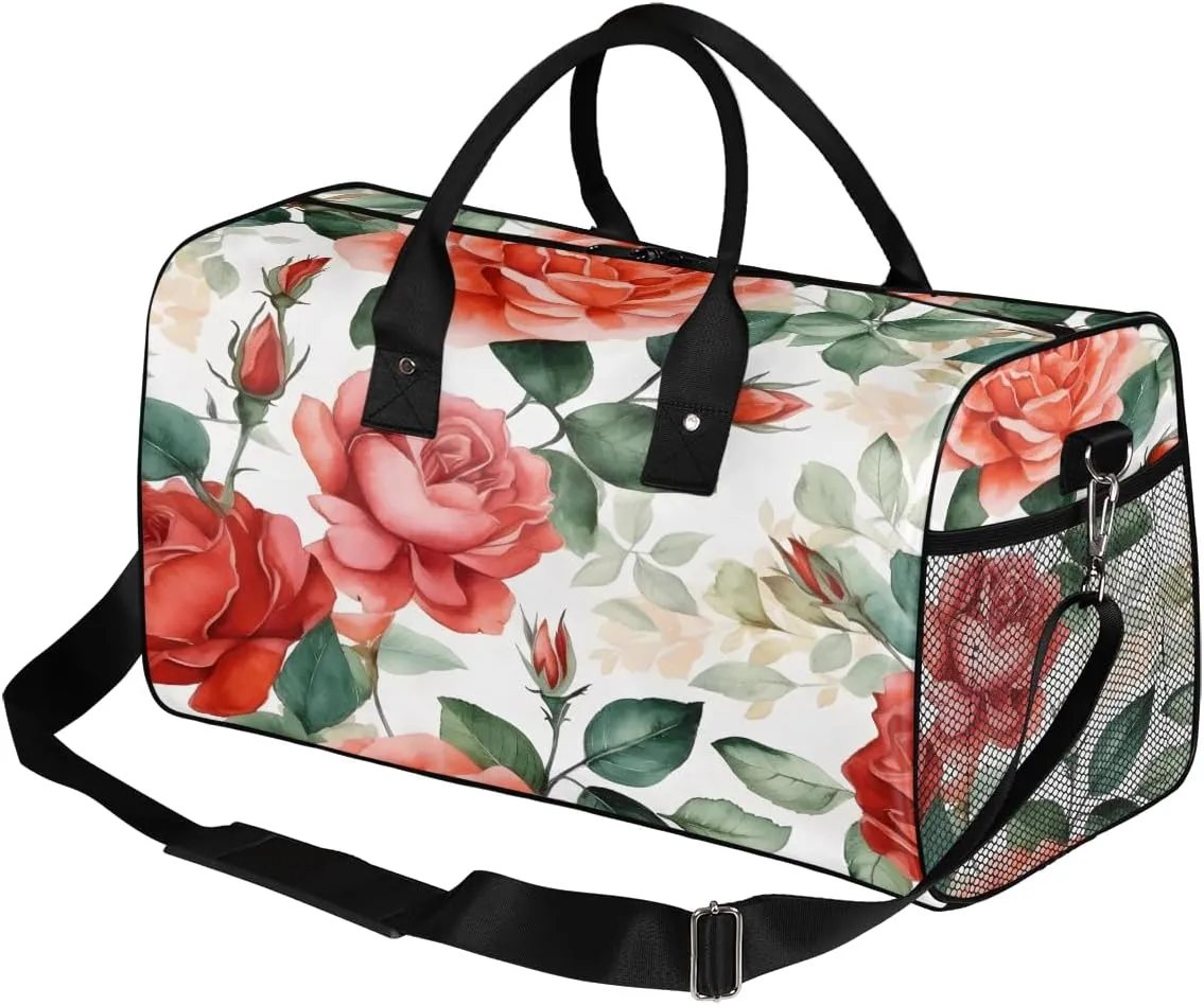 Rose Floral Travel Duffle Bag for Women Men Foldable Waterproof Weekender Bag Carry on Tote for Overnight Sports Gym Red Flower