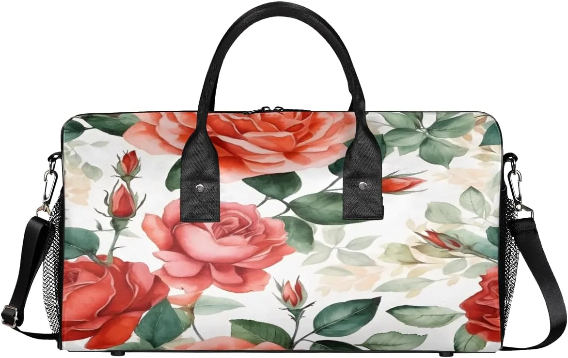 Rose Floral Travel Duffle Bag for Women Men Foldable Waterproof Weekender Bag Carry on Tote for Overnight Sports Gym Red Flower