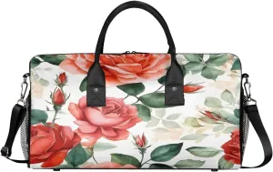Rose Floral Travel Duffle Bag for Women Men Foldable Waterproof Weekender Bag Carry on Tote for Overnight Sports Gym Red Flower