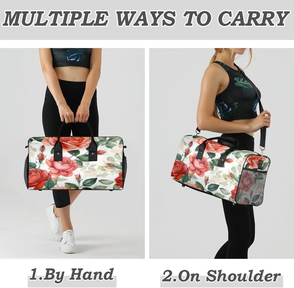 Rose Floral Travel Duffle Bag for Women Men Foldable Waterproof Weekender Bag Carry on Tote for Overnight Sports Gym Red Flower
