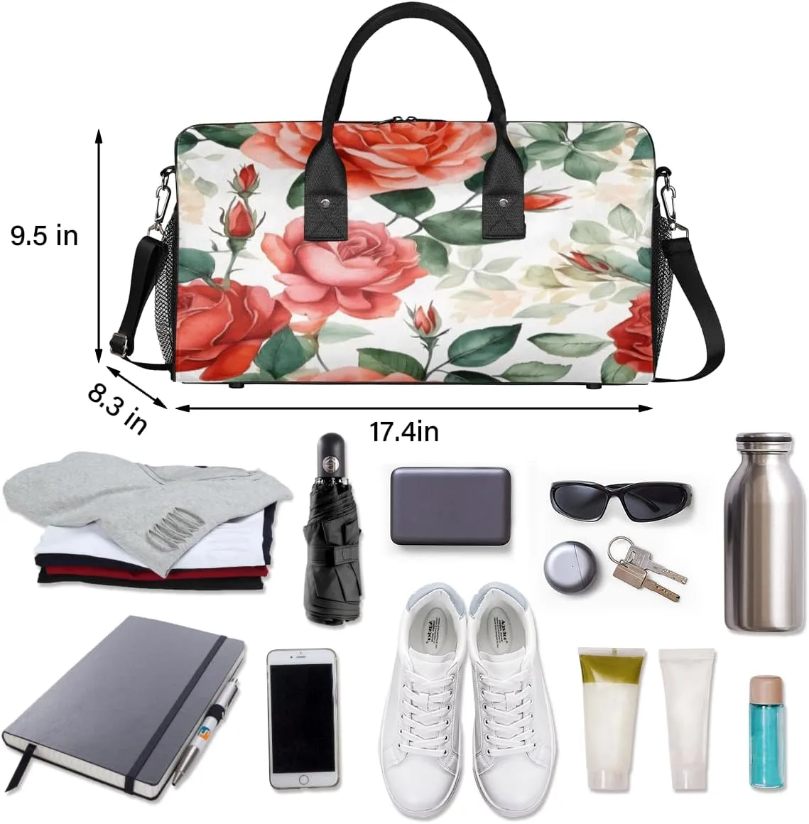 Rose Floral Travel Duffle Bag for Women Men Foldable Waterproof Weekender Bag Carry on Tote for Overnight Sports Gym Red Flower