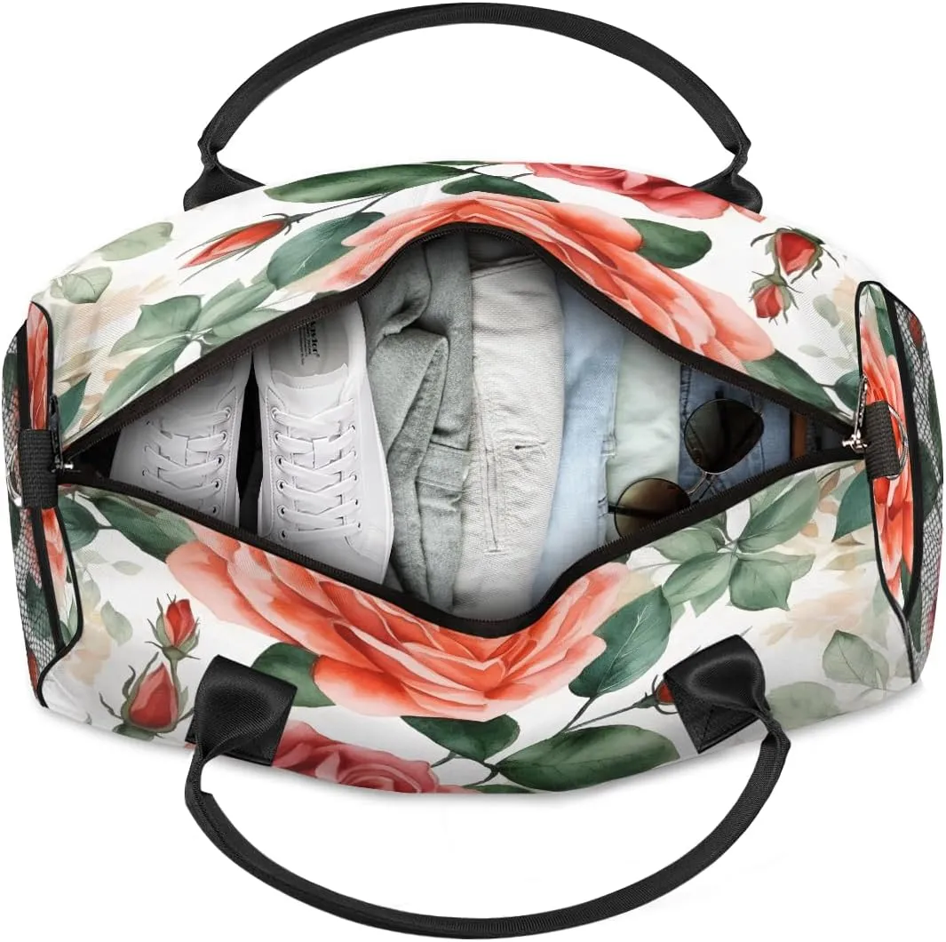 Rose Floral Travel Duffle Bag for Women Men Foldable Waterproof Weekender Bag Carry on Tote for Overnight Sports Gym Red Flower