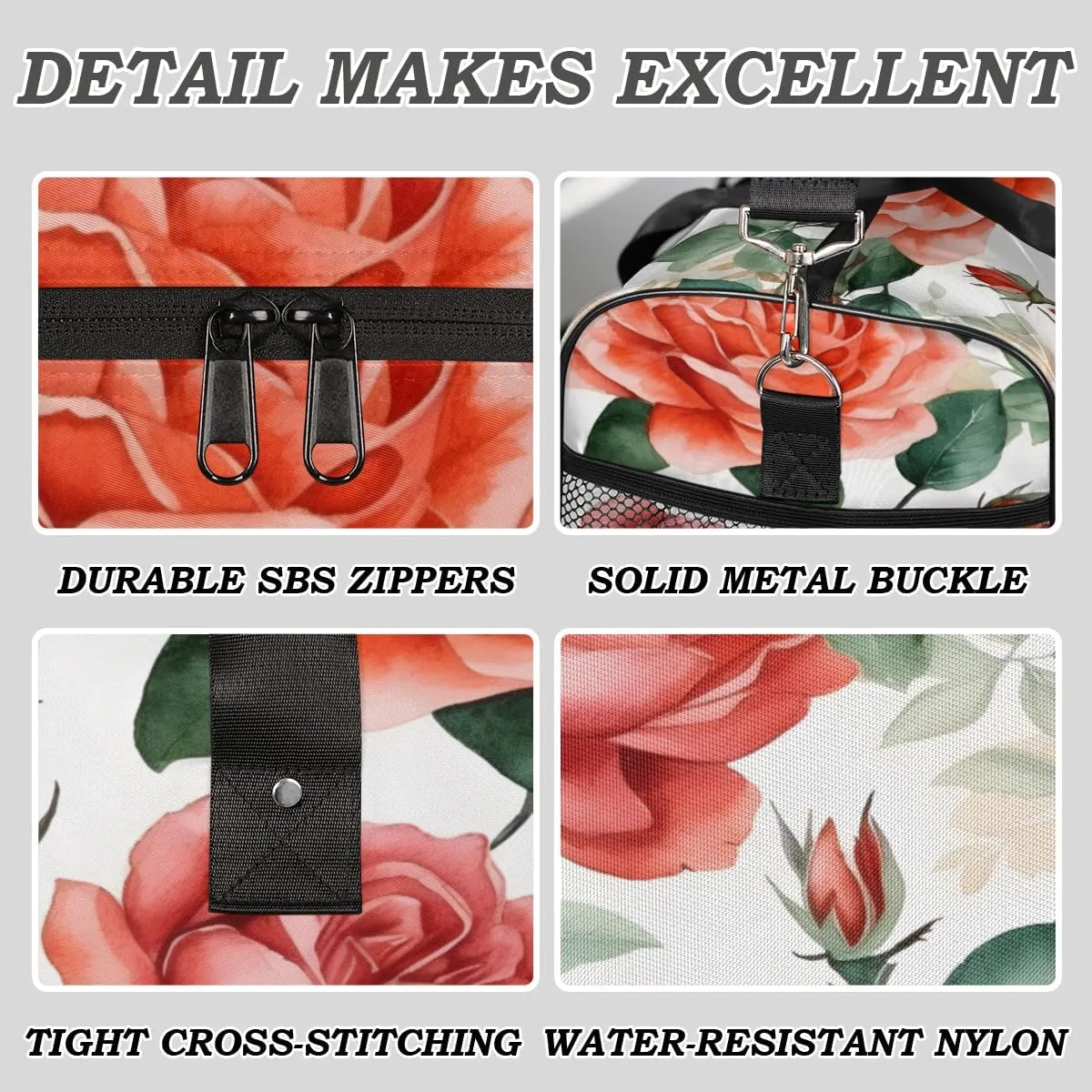 Rose Floral Travel Duffle Bag for Women Men Foldable Waterproof Weekender Bag Carry on Tote for Overnight Sports Gym Red Flower
