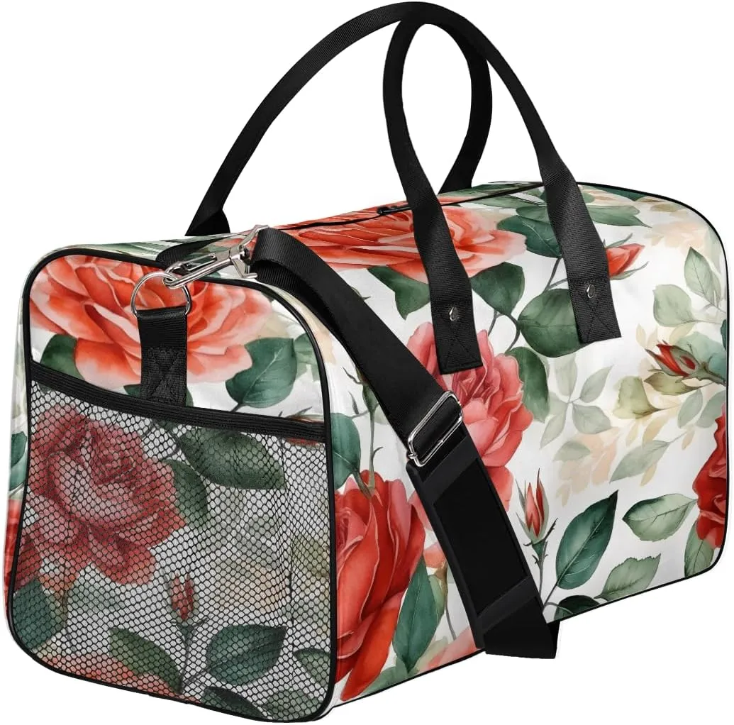 Rose Floral Travel Duffle Bag for Women Men Foldable Waterproof Weekender Bag Carry on Tote for Overnight Sports Gym Red Flower