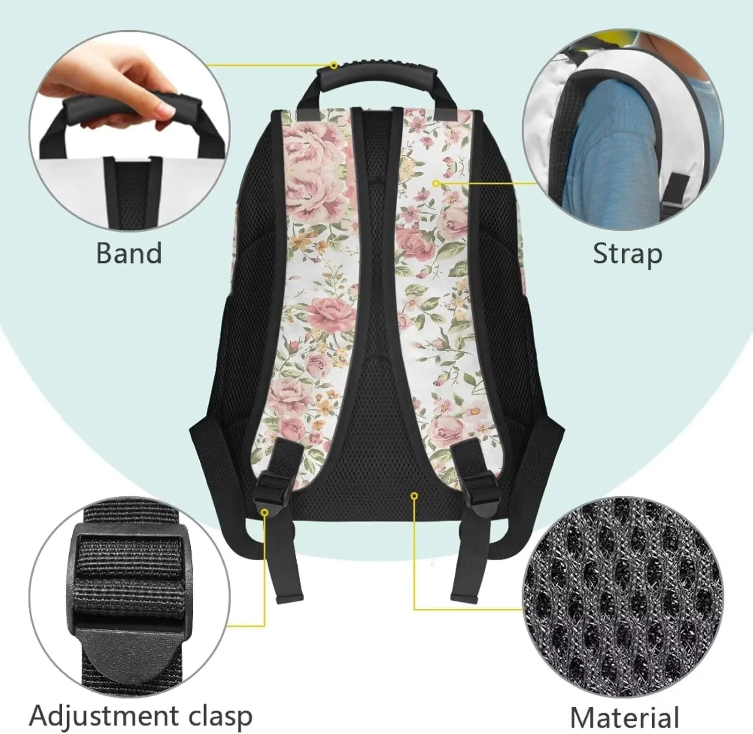 Rose Print Bags for Men Butterfly Computer Backpacks for Laptops Sturdy Book Bag with 2 Compartments for Travel Hiking Camping & Daily Use
