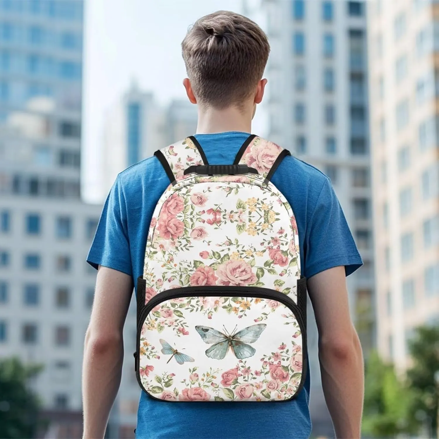 Rose Print Bags for Men Butterfly Computer Backpacks for Laptops Sturdy Book Bag with 2 Compartments for Travel Hiking Camping & Daily Use