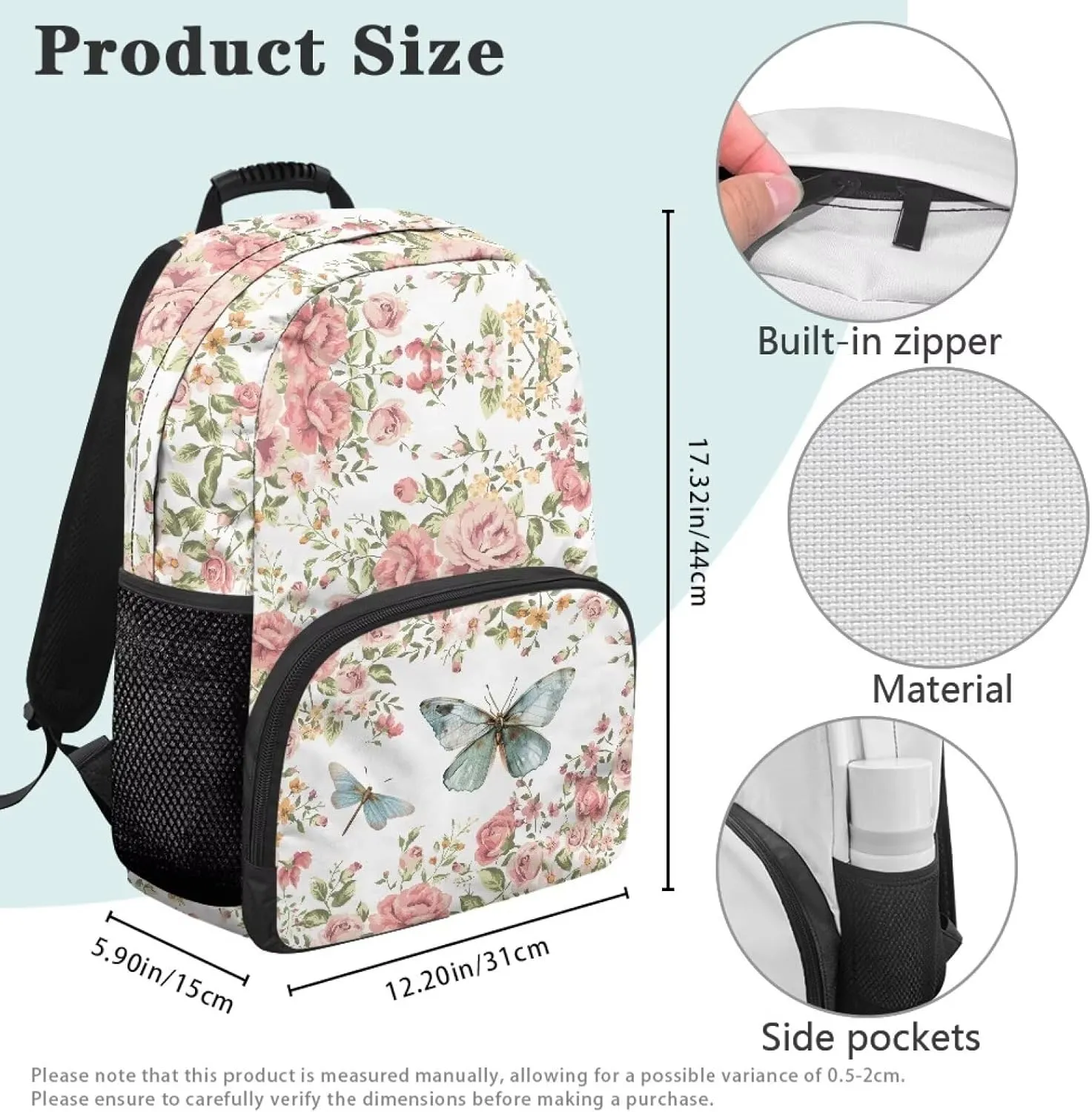 Rose Print Bags for Men Butterfly Computer Backpacks for Laptops Sturdy Book Bag with 2 Compartments for Travel Hiking Camping & Daily Use