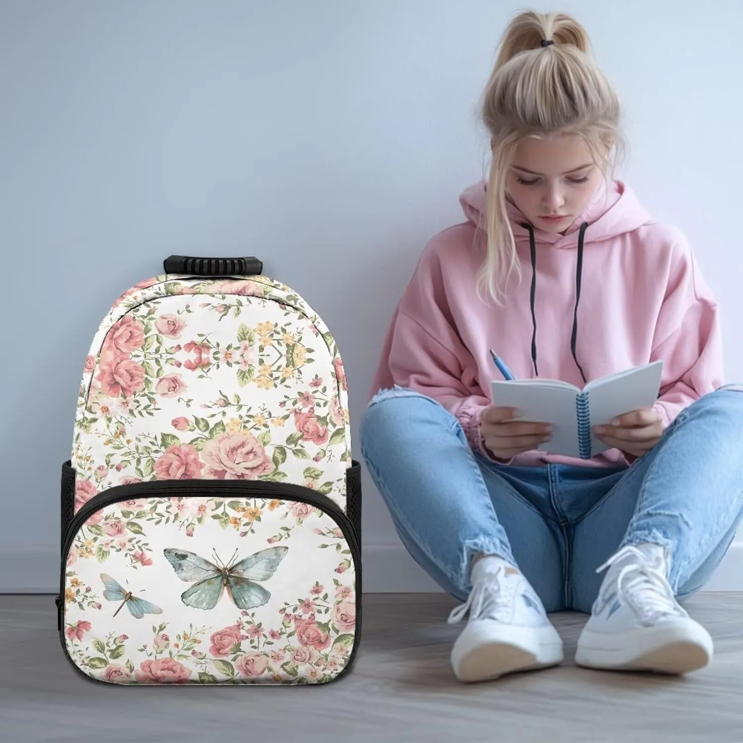 Rose Print Bags for Men Butterfly Computer Backpacks for Laptops Sturdy Book Bag with 2 Compartments for Travel Hiking Camping & Daily Use