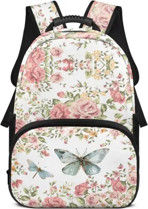 Rose Print Bags for Men Butterfly Computer Backpacks for Laptops Sturdy Book Bag with 2 Compartments for Travel Hiking Camping & Daily Use