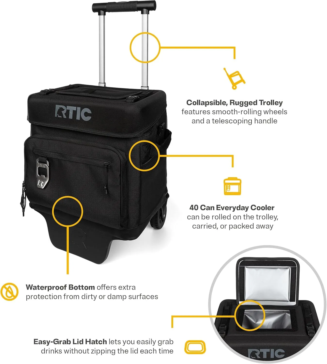 RTIC 40 Can Everyday Wheeled Cooler, Soft Sided Insulated Portable Rolling Collapsible Cooler Bag with Wheels and Handle for Outdoor, Beach, Camping, Sports, Travel, Leakproof