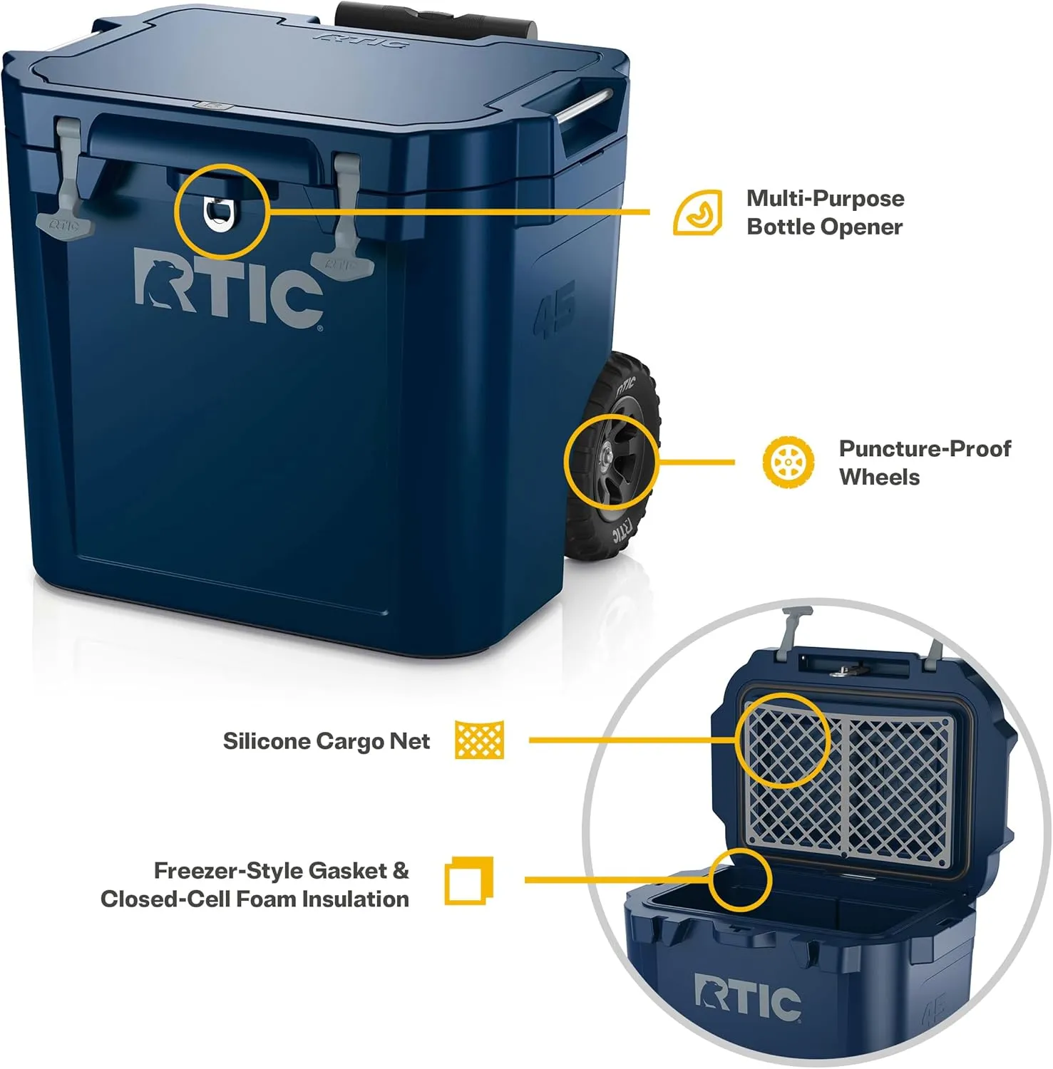 RTIC 45 QT Wheeled Ultra-Tough Cooler Hard Insulated Portable Ice Chest Box for Beach, Drink, Beverage, Camping, Picnic, Fishing, Boat, Barbecue, Rotomolded Construction