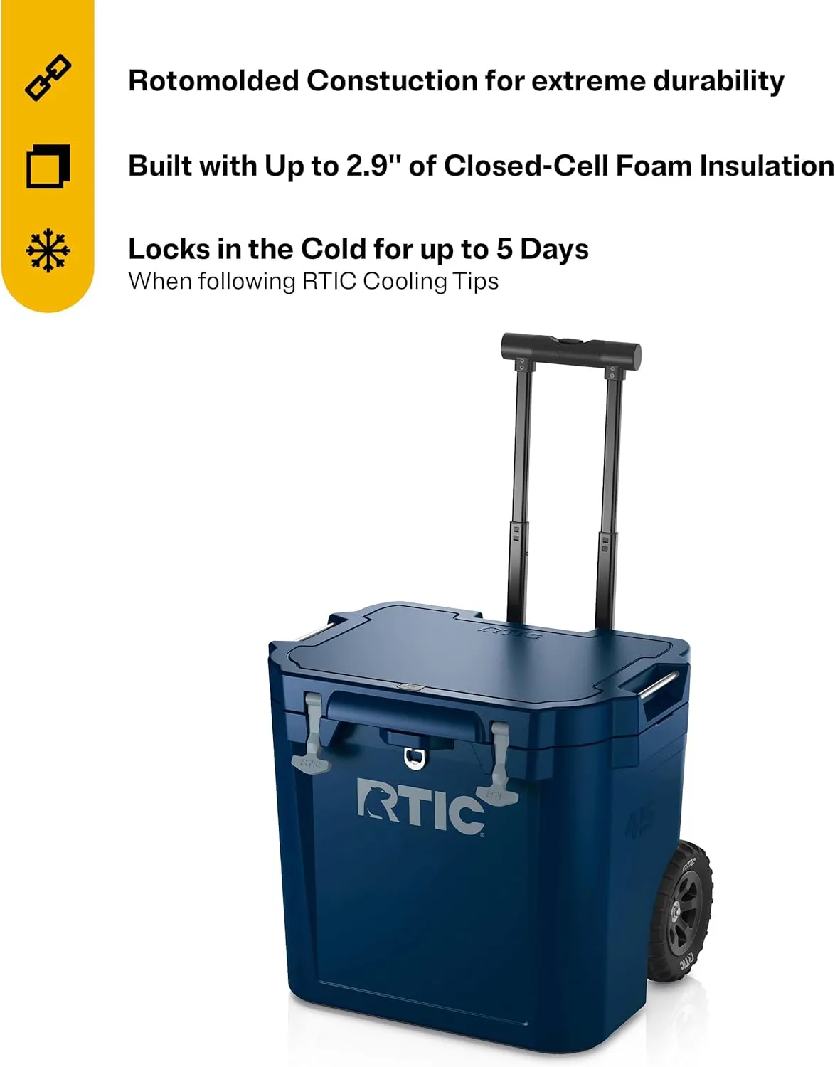 RTIC 45 QT Wheeled Ultra-Tough Cooler Hard Insulated Portable Ice Chest Box for Beach, Drink, Beverage, Camping, Picnic, Fishing, Boat, Barbecue, Rotomolded Construction
