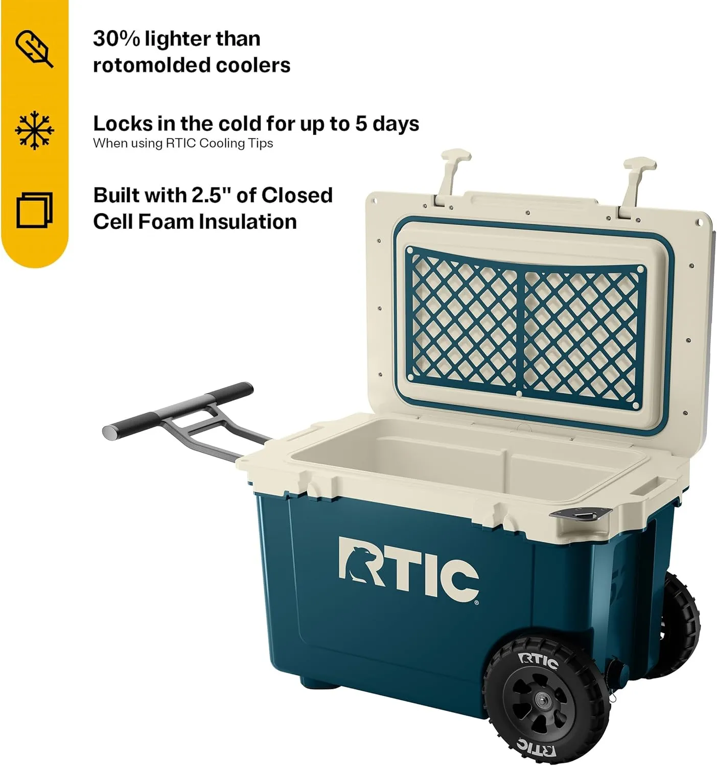 RTIC 52 Quart Ultra-Light Wheeled Hard Cooler Insulated Portable Ice Chest Box for Beach, Drink, Beverage, Camping, Picnic, Fishing, Boat, Barbecue, 30% Lighter Than Rotomolded Coolers