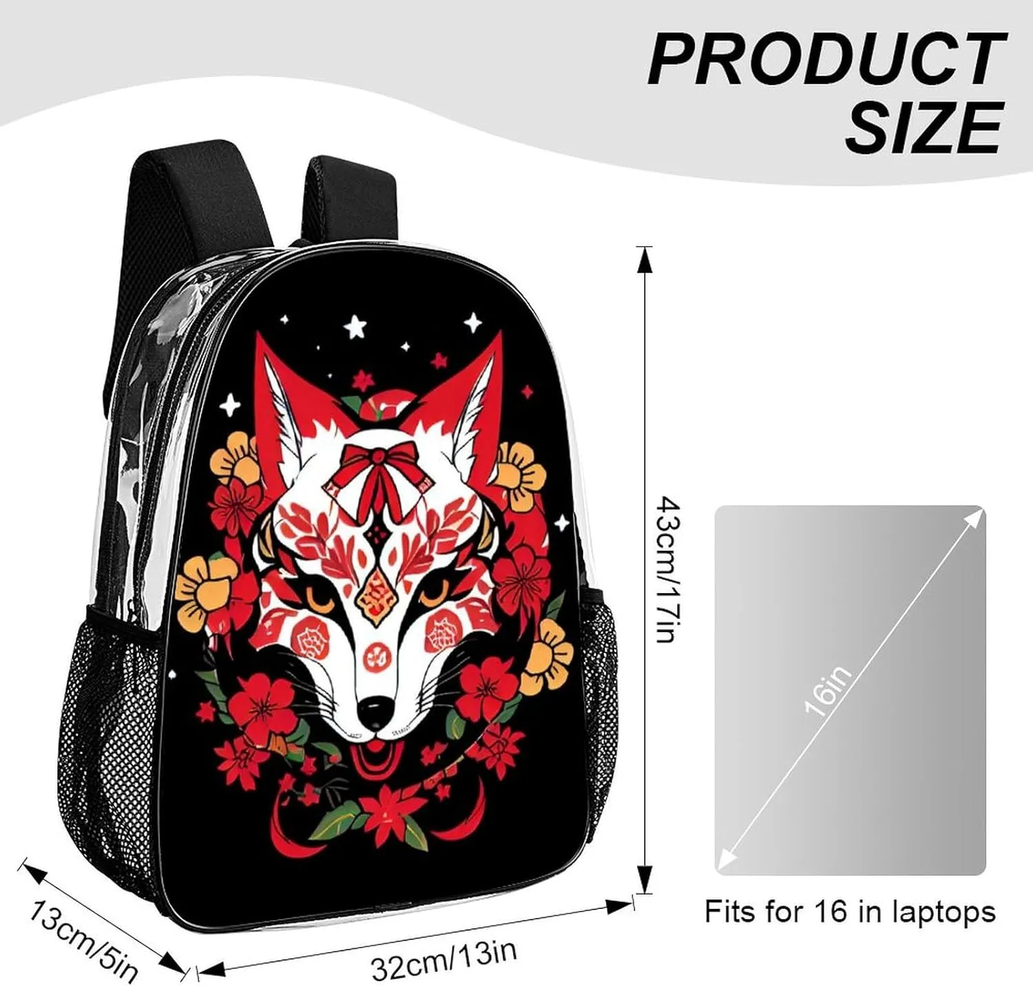 Rucksack Anti-Theft Multipurpose Big Capacity Carry On Bag - Japanese Kitsune Fox Magical Art Traveling & Camping Backpack Transparent Bag