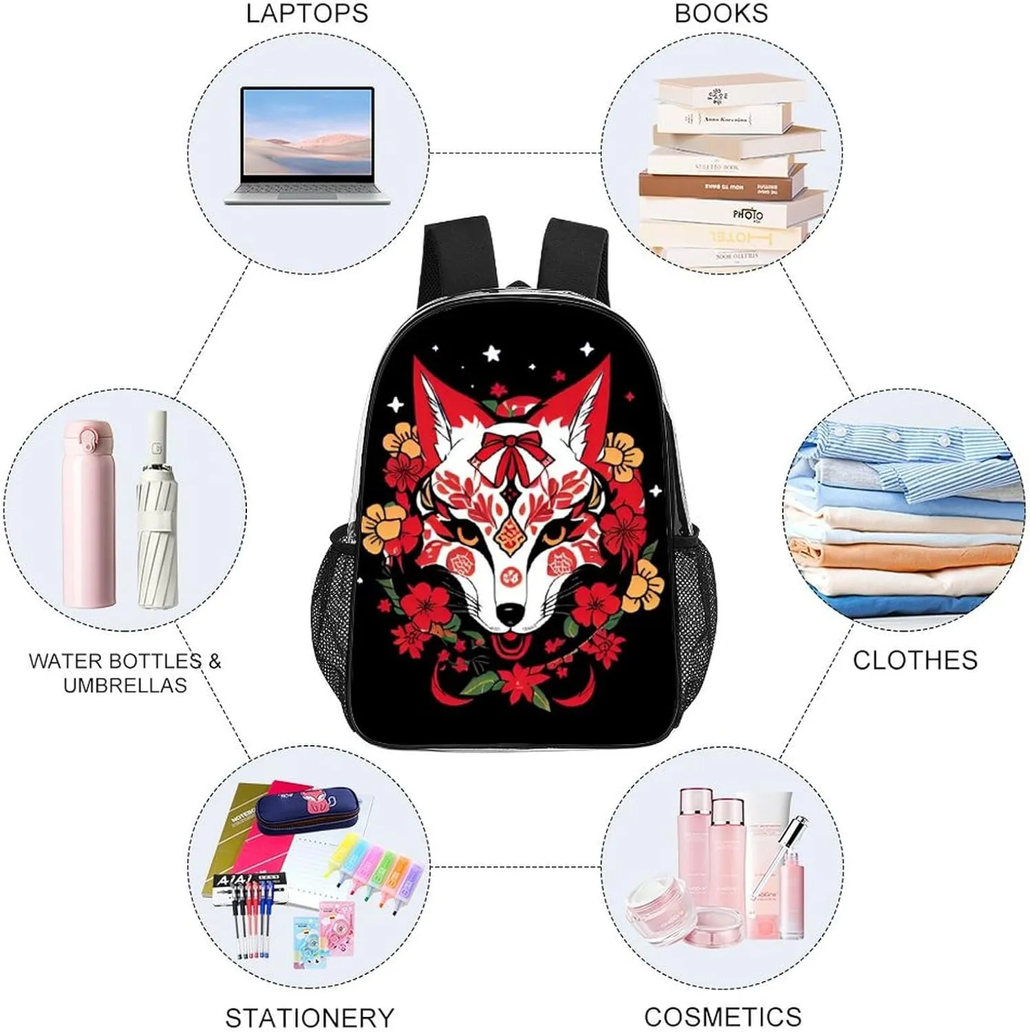 Rucksack Anti-Theft Multipurpose Big Capacity Carry On Bag - Japanese Kitsune Fox Magical Art Traveling & Camping Backpack Transparent Bag