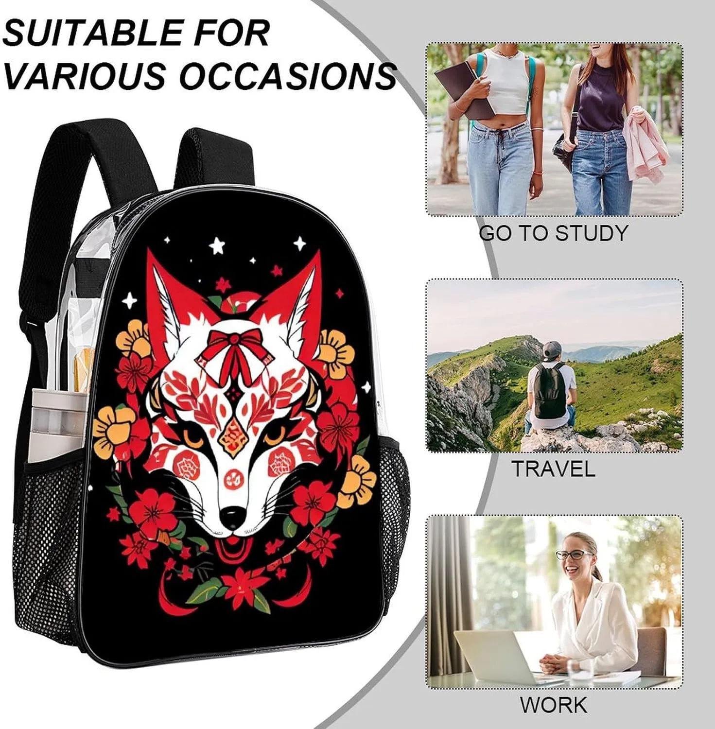 Rucksack Anti-Theft Multipurpose Big Capacity Carry On Bag - Japanese Kitsune Fox Magical Art Traveling & Camping Backpack Transparent Bag