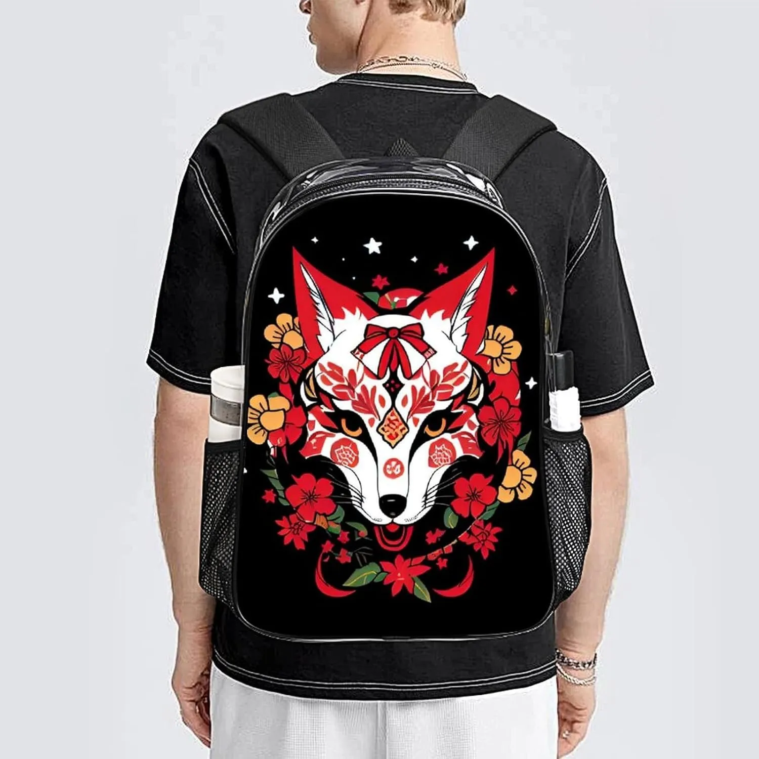 Rucksack Anti-Theft Multipurpose Big Capacity Carry On Bag - Japanese Kitsune Fox Magical Art Traveling & Camping Backpack Transparent Bag