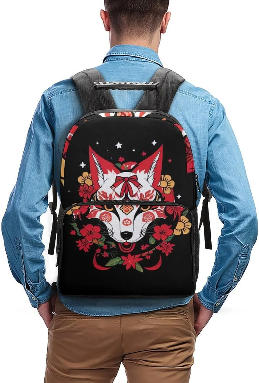 Rucksack Anti-Theft Multipurpose Big Capacity Carry On Bag - Japanese Kitsune Fox Magical Art Traveling & Camping Backpack With Side Pockets