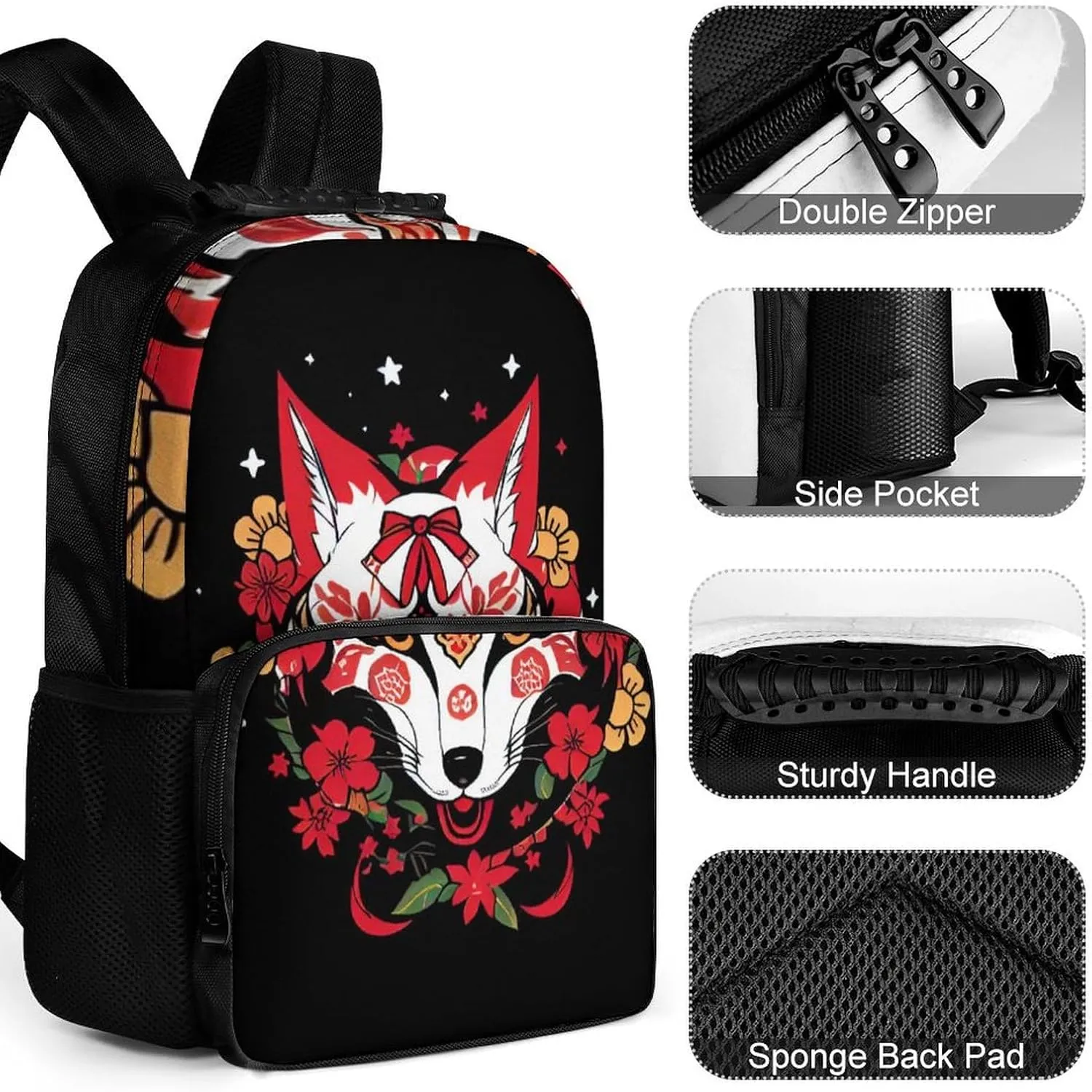 Rucksack Anti-Theft Multipurpose Big Capacity Carry On Bag - Japanese Kitsune Fox Magical Art Traveling & Camping Backpack With Side Pockets