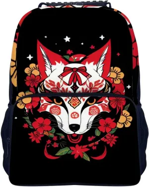 Rucksack Anti-Theft Multipurpose Big Capacity Carry On Bag - Japanese Kitsune Fox Magical Art Traveling & Camping Backpack With Side Pockets