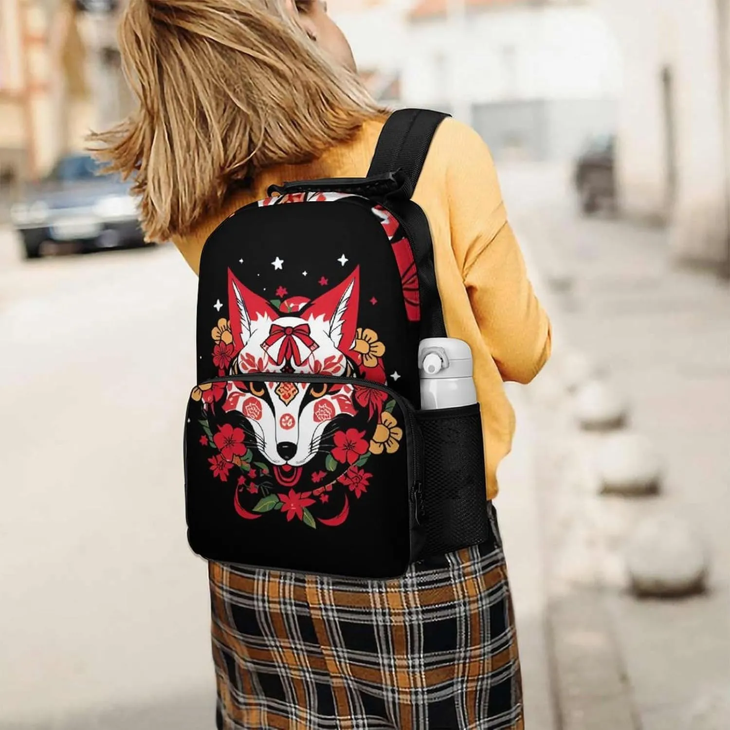 Rucksack Anti-Theft Multipurpose Big Capacity Carry On Bag - Japanese Kitsune Fox Magical Art Traveling & Camping Backpack With Side Pockets