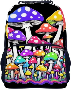 Rucksack Anti-Theft Multipurpose Big Capacity Carry On Bag - Neon Mushrooms Pattern Colorful Traveling & Camping Backpack With Side Pockets