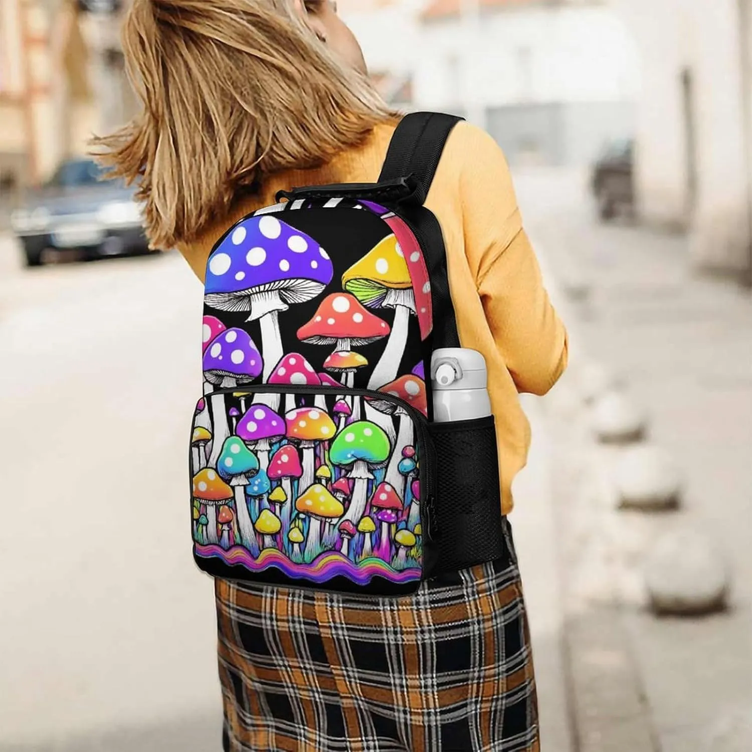 Rucksack Anti-Theft Multipurpose Big Capacity Carry On Bag - Neon Mushrooms Pattern Colorful Traveling & Camping Backpack With Side Pockets