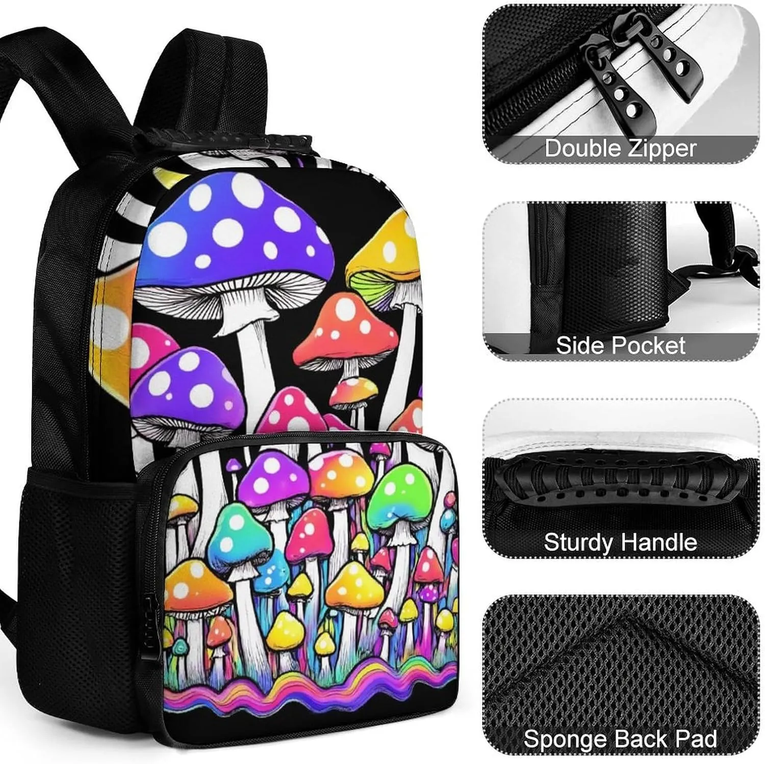 Rucksack Anti-Theft Multipurpose Big Capacity Carry On Bag - Neon Mushrooms Pattern Colorful Traveling & Camping Backpack With Side Pockets