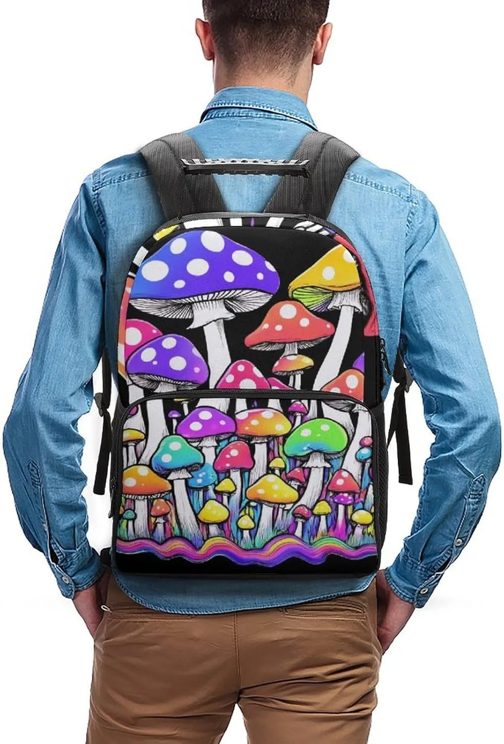 Rucksack Anti-Theft Multipurpose Big Capacity Carry On Bag - Neon Mushrooms Pattern Colorful Traveling & Camping Backpack With Side Pockets