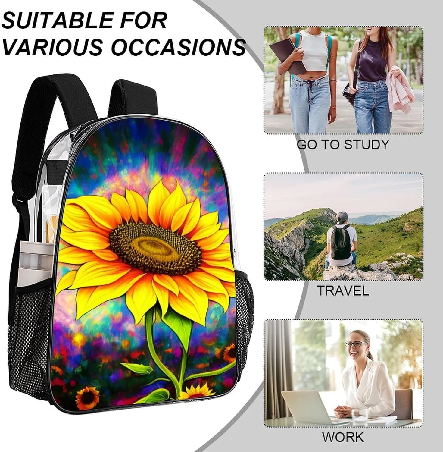 Rucksack Multipurpose Anti-Theft Big Capacity Shoulder Bag - Psychedelic Sunflower Art Travel Hiking & Camping Rucksack Transparent Bag