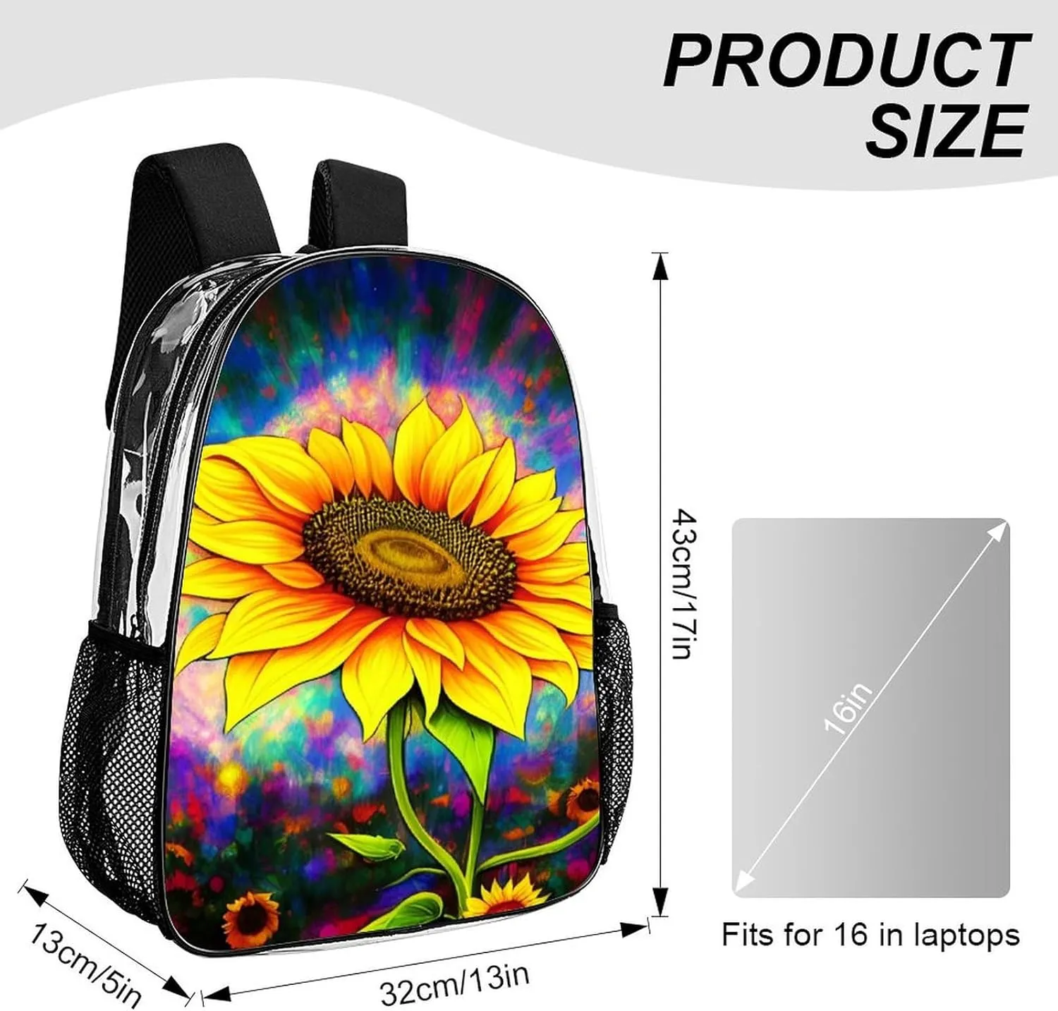 Rucksack Multipurpose Anti-Theft Big Capacity Shoulder Bag - Psychedelic Sunflower Art Travel Hiking & Camping Rucksack Transparent Bag