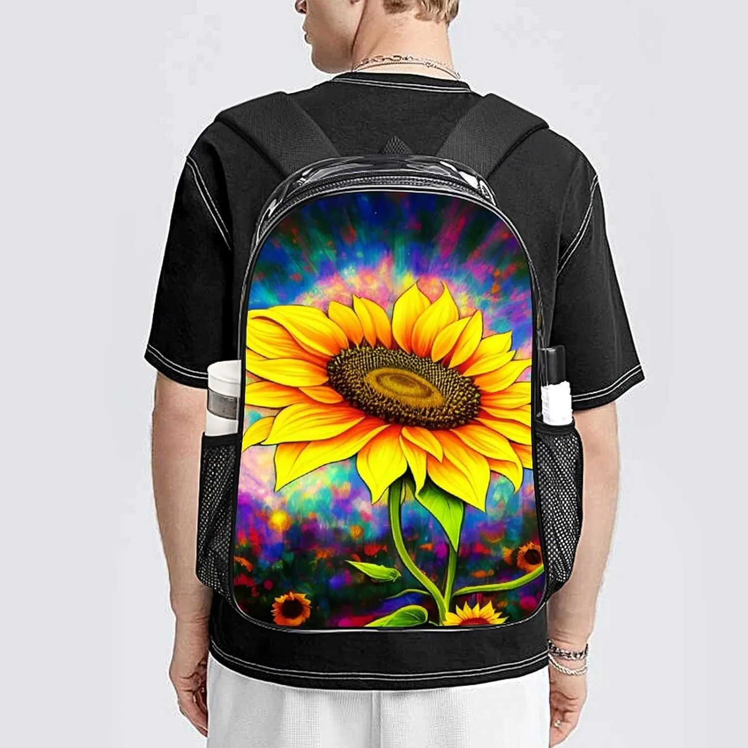 Rucksack Multipurpose Anti-Theft Big Capacity Shoulder Bag - Psychedelic Sunflower Art Travel Hiking & Camping Rucksack Transparent Bag