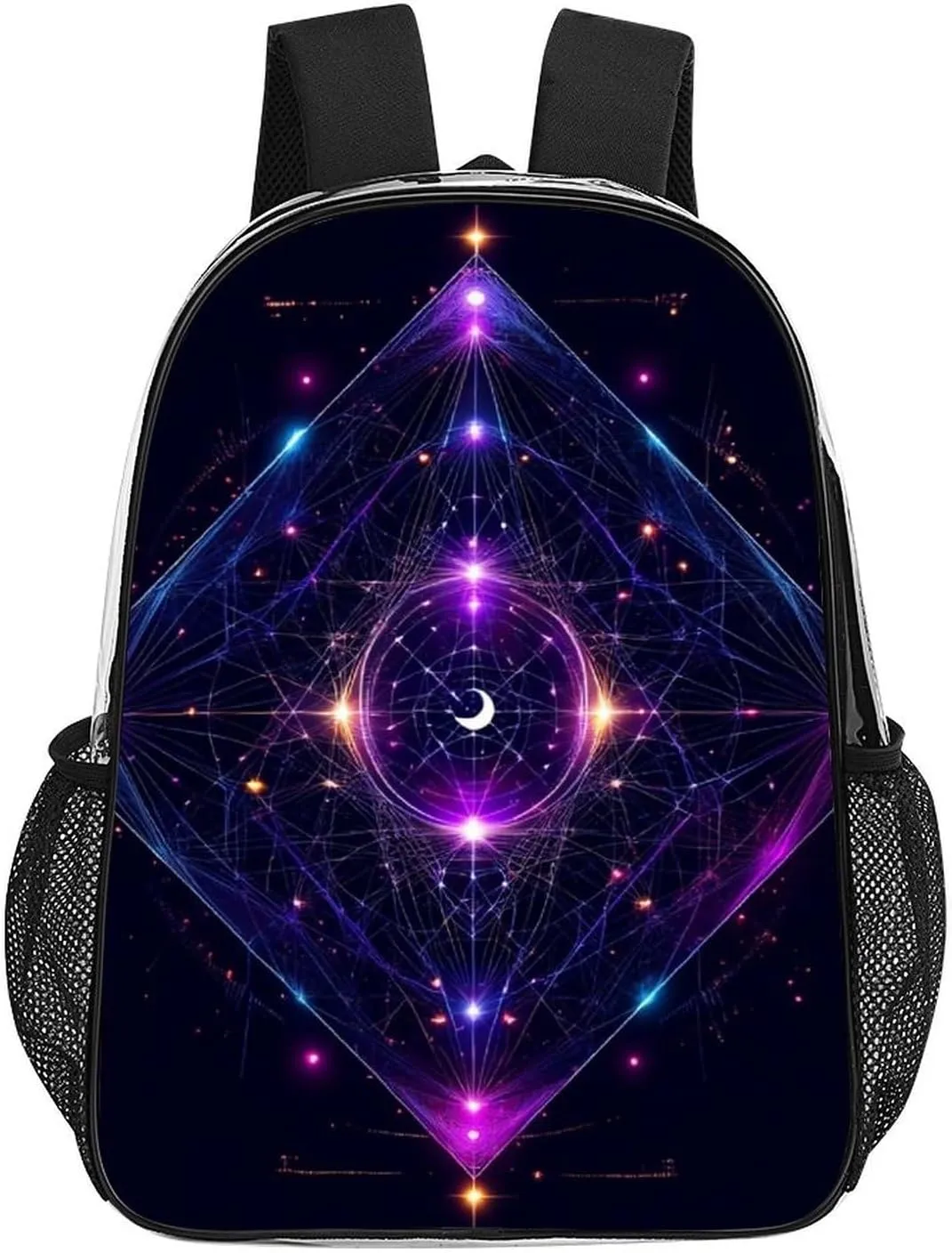Rucksack Multipurpose Anti-Theft Big Capacity Shoulder Bag - Sacred Geometry Symbols Sun Moon Trippy Purple Travel Hiking & Camping Rucksack Transparent Bag