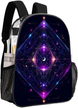 Rucksack Multipurpose Anti-Theft Big Capacity Shoulder Bag - Sacred Geometry Symbols Sun Moon Trippy Purple Travel Hiking & Camping Rucksack Transparent Bag